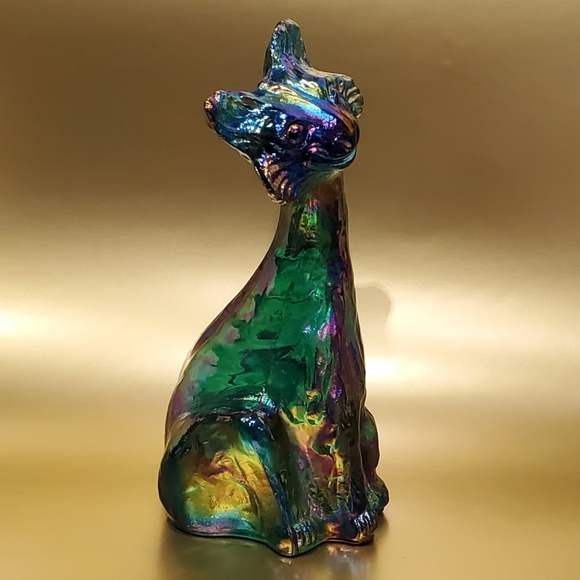 Fenton 11" Winking Alley Cat Emerald Forest Green Iridescent Art Glass Sculpture - Picture 5 of 14